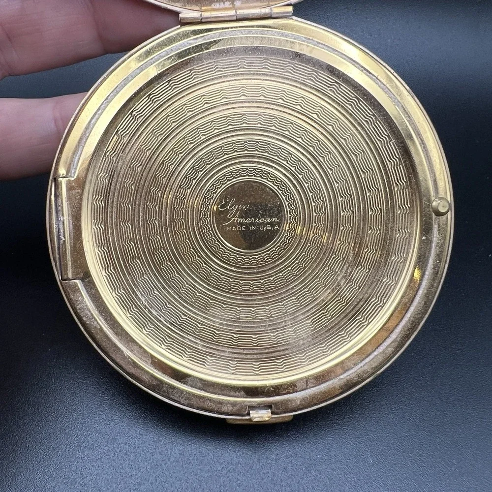 Elgin American Compact Mirror Case Gold Tone w/ Flowers 1940's Made USA Vintage